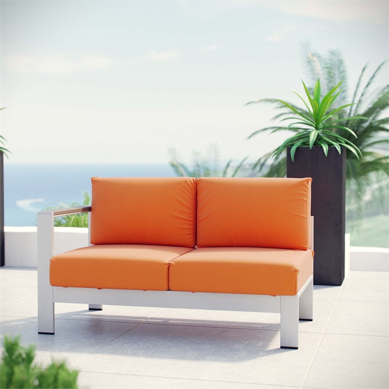 Pemberly Row Fabric Aluminum Outdoor Patio Left Arm Loveseat in Silver/Orange