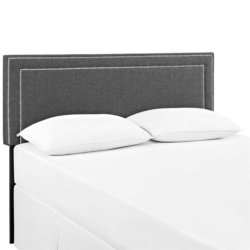 Pemberly Row Queen Upholstered Polyester Fabric Headboard in Gray