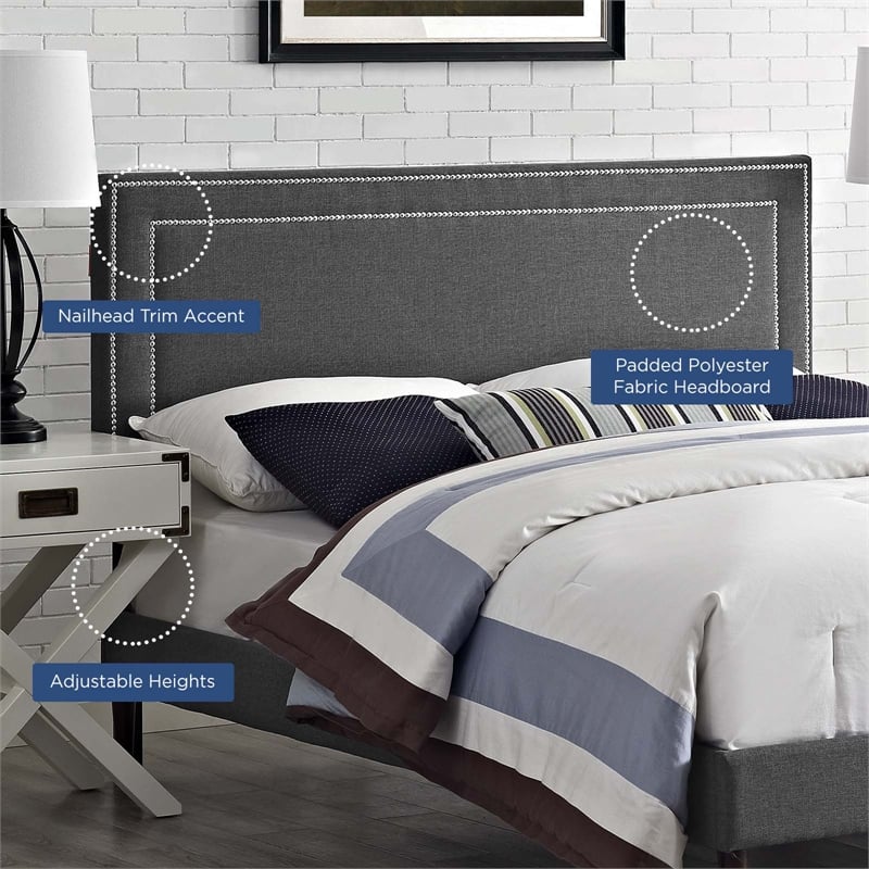 Pemberly Row Queen Upholstered Polyester Fabric Headboard in Gray