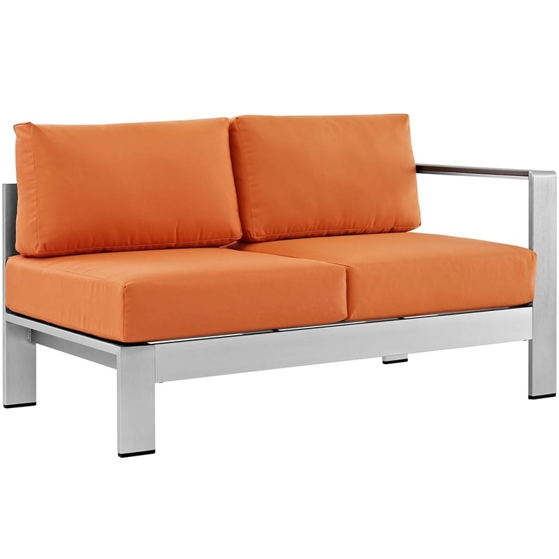 Pemberly Row Fabric Aluminum Outdoor Right Arm Corner Loveseat in Silver/Orange