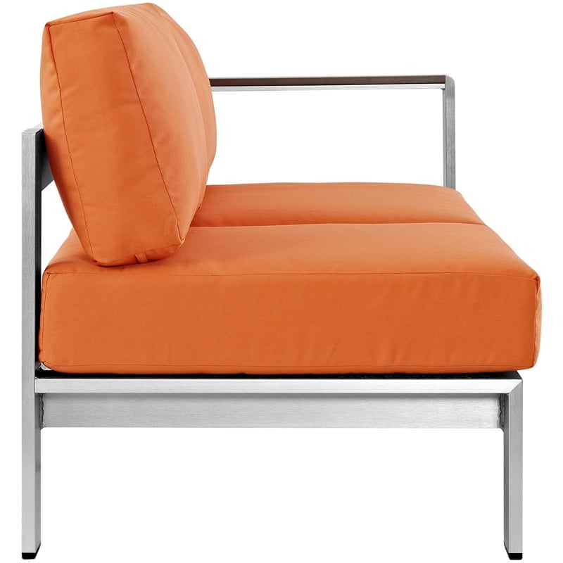 Pemberly Row Fabric Aluminum Outdoor Right Arm Corner Loveseat in Silver/Orange