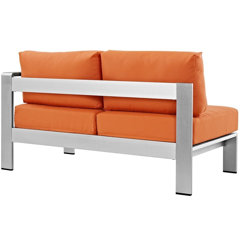 Pemberly Row Fabric Aluminum Outdoor Right Arm Corner Loveseat in Silver/Orange