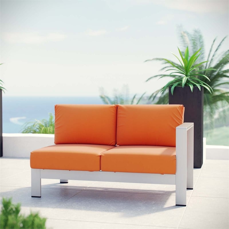 Pemberly Row Fabric Aluminum Outdoor Right Arm Corner Loveseat in Silver/Orange