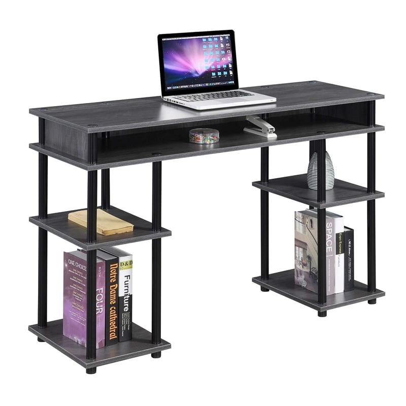 Pemberly Row No Tools Student Desk in Charcoal Gray Wood Finish and Black Poles