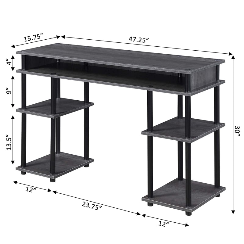 Pemberly Row No Tools Student Desk in Charcoal Gray Wood Finish and Black Poles