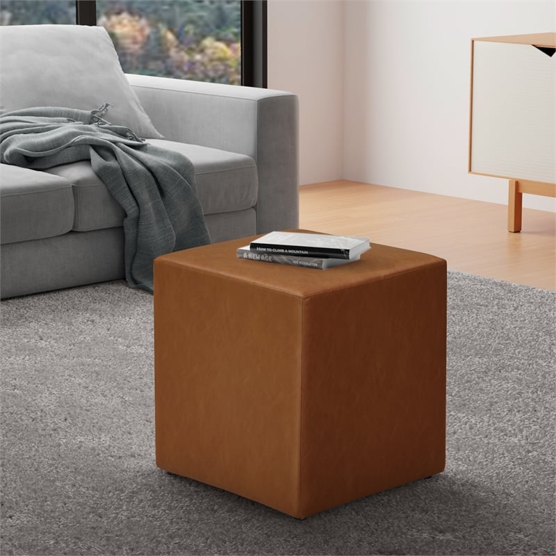 Pemberly Row Contemporary Ottoman in Caramel Faux Leather Upholstery