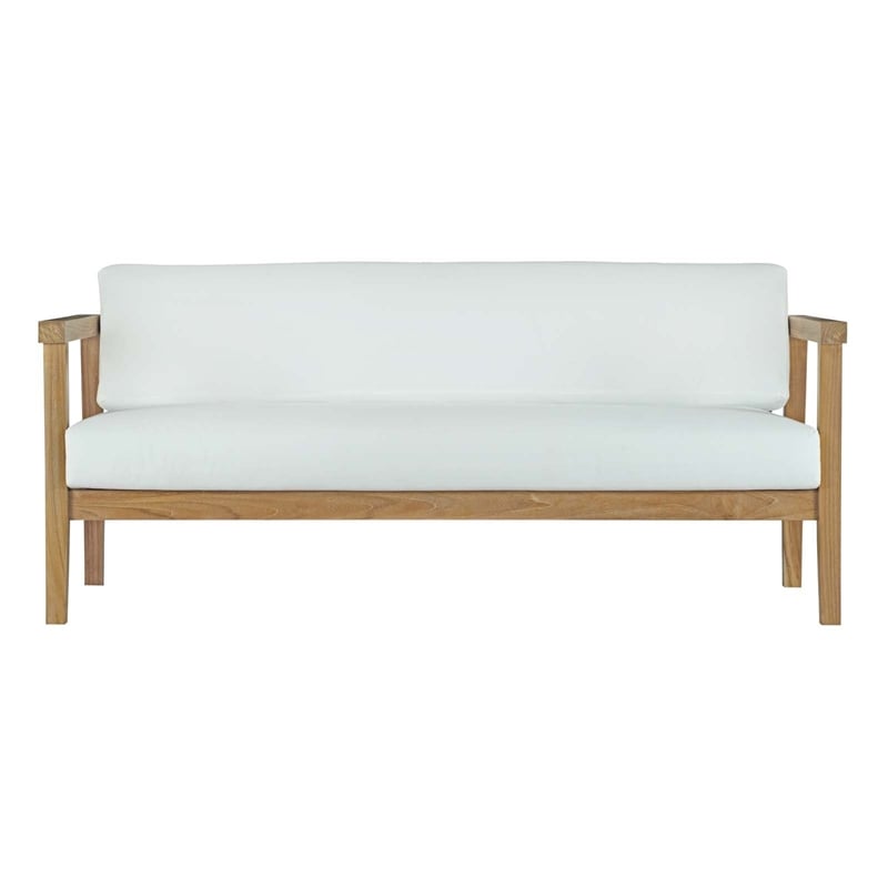 Pemberly Row Outdoor Patio Solid Teak Wood Sofa in Natural/White