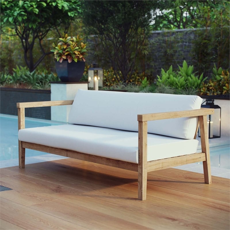 Pemberly Row Outdoor Patio Solid Teak Wood Sofa in Natural/White