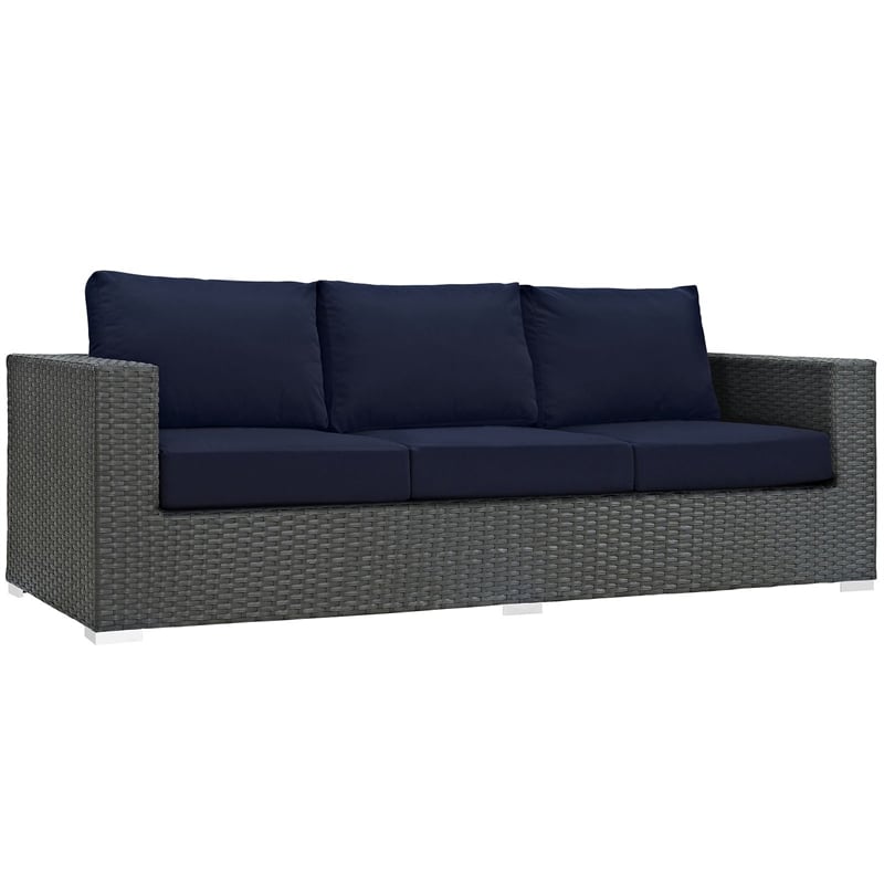 Pemberly Row Contemporary Aluminum and Rattan Patio Sofa in Canvas/Navy