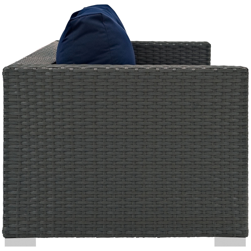 Pemberly Row Contemporary Aluminum and Rattan Patio Sofa in Canvas/Navy