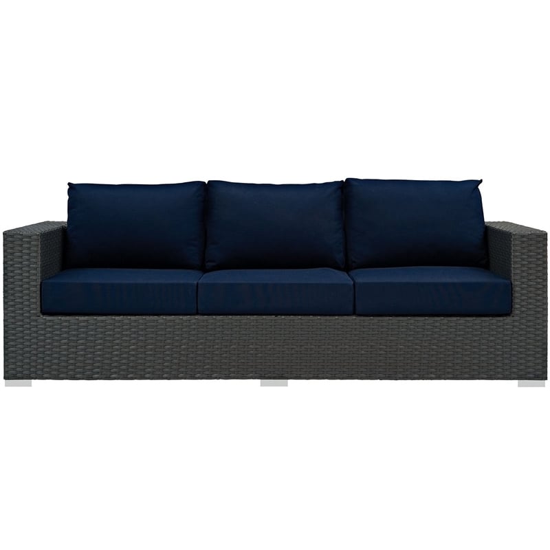 Pemberly Row Contemporary Aluminum and Rattan Patio Sofa in Canvas/Navy