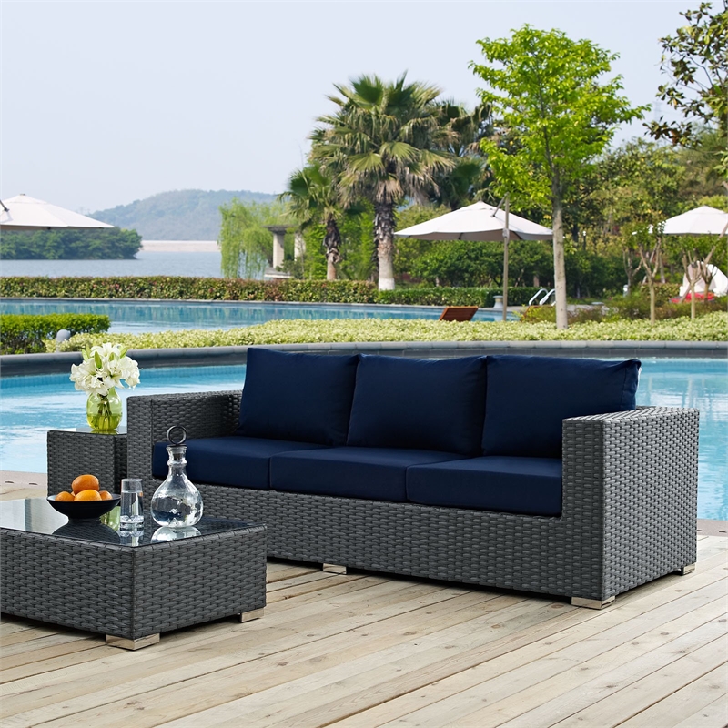 Pemberly Row Contemporary Aluminum and Rattan Patio Sofa in Canvas/Navy