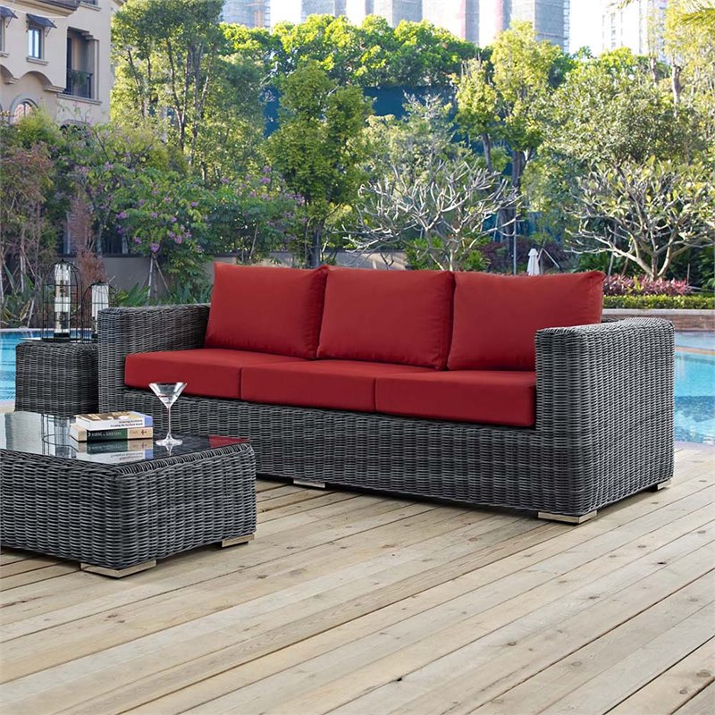 Pemberly Row Modern Aluminum and Rattan Patio Sofa in Canvas/Red