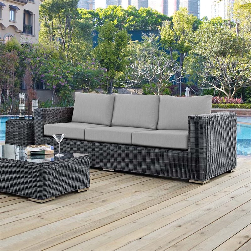 Pemberly Row Modern Aluminum and Rattan Patio Sofa in Canvas/Gray