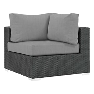 Pemberly Row Aluminum Fabric and Rattan Patio Corner Sofa Chair in Canvas/Gray