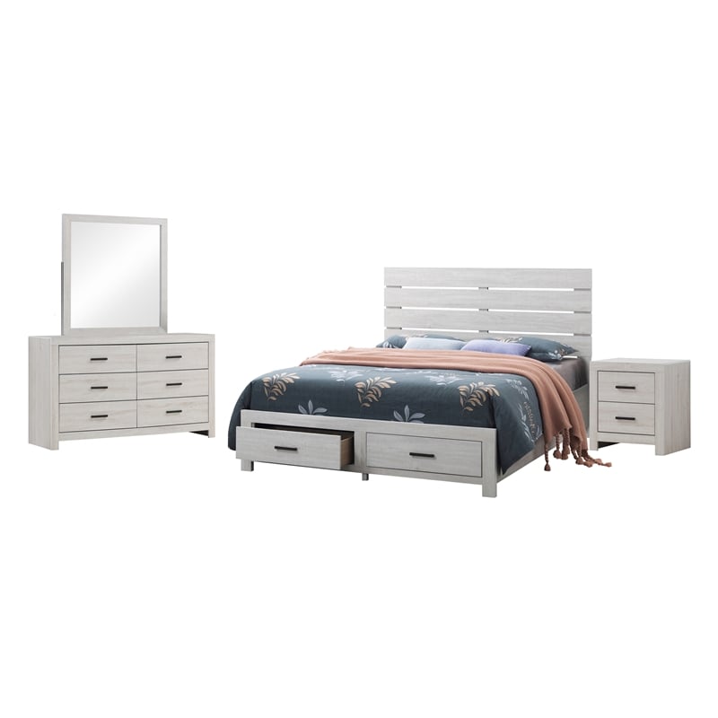 Pemberly Row 4-piece Queen Storage Wood Bedroom Set in Coastal White