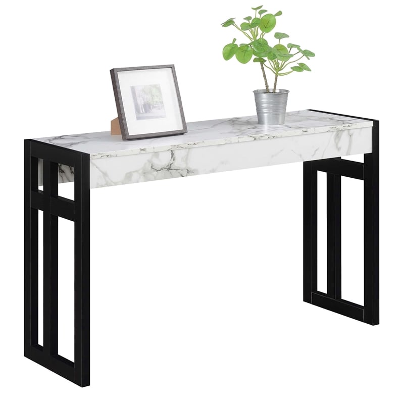 Pemberly Row Console Table in White Faux Marble Wood Finish and Black Wood Frame