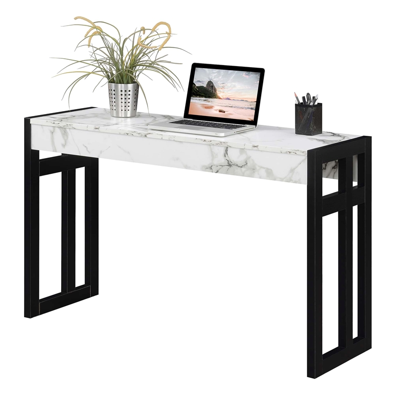 Pemberly Row Console Table in White Faux Marble Wood Finish and Black Wood Frame