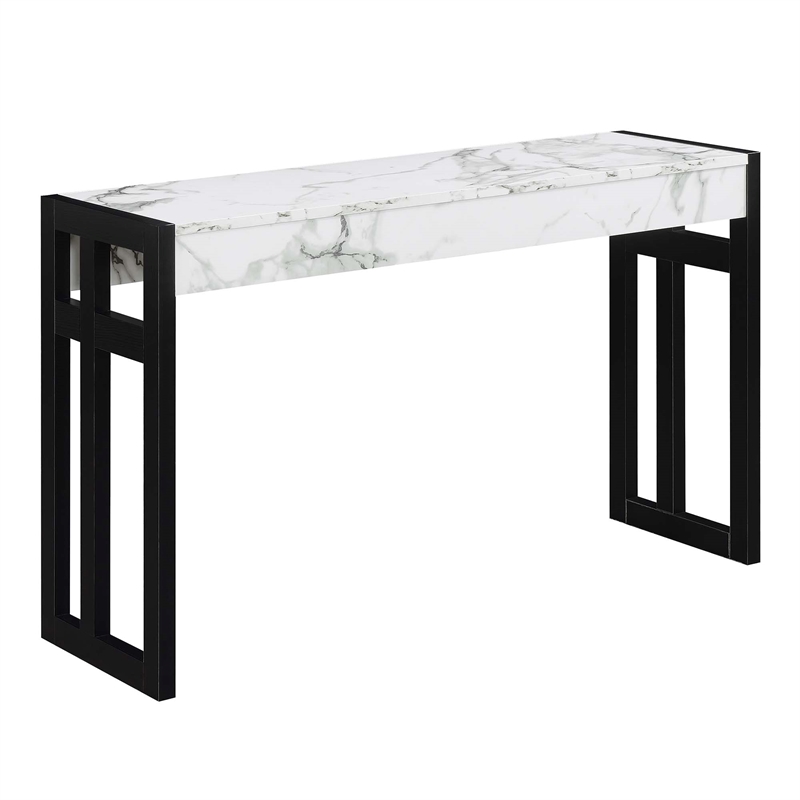 Pemberly Row Console Table in White Faux Marble Wood Finish and Black Wood Frame