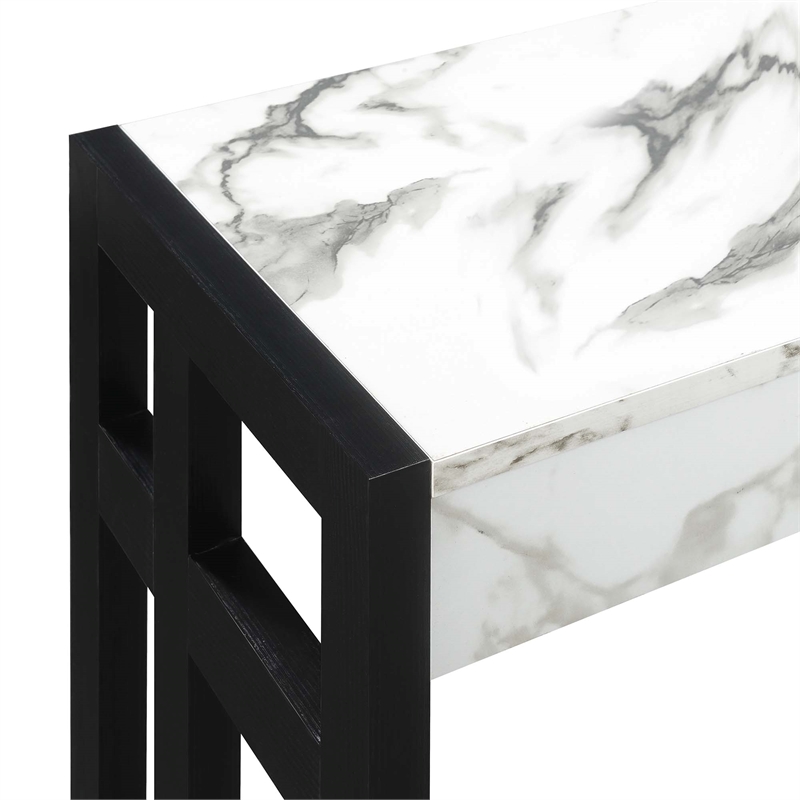Pemberly Row Console Table in White Faux Marble Wood Finish and Black Wood Frame