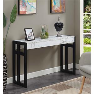 Pemberly Row Console Table in White Faux Marble Wood Finish and Black Wood Frame
