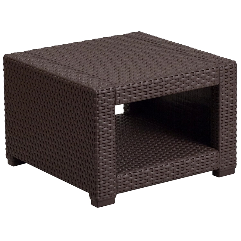 Pemberly Row Contemporary Wicker Patio End Table in Chocolate Brown