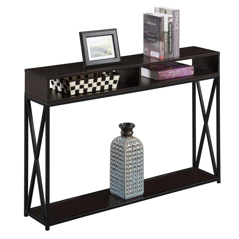 Pemberly Row Deluxe 2 Tier Console Table in Espresso Wood Finish and Black Frame