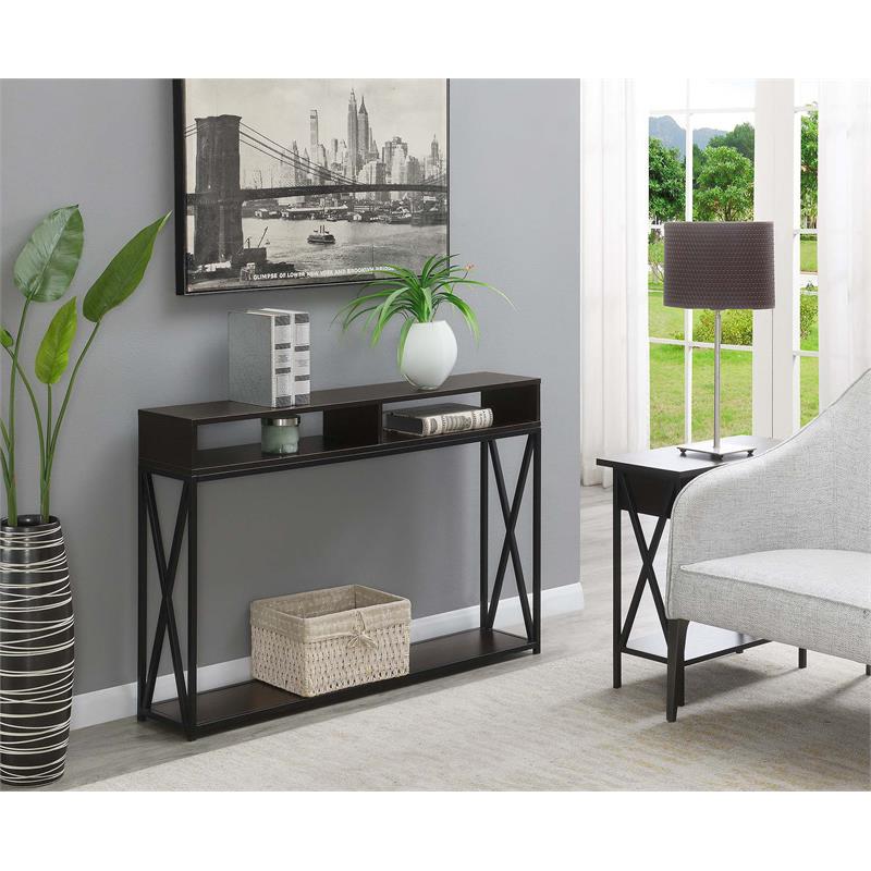 Pemberly Row Deluxe 2 Tier Console Table in Espresso Wood Finish and Black Frame