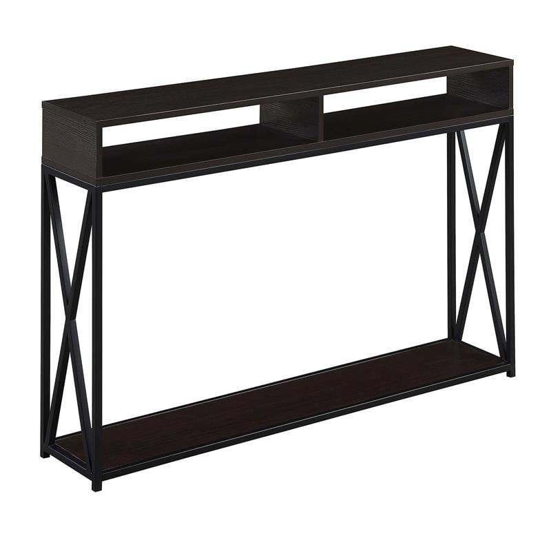 Pemberly Row Deluxe 2 Tier Console Table in Espresso Wood Finish and Black Frame
