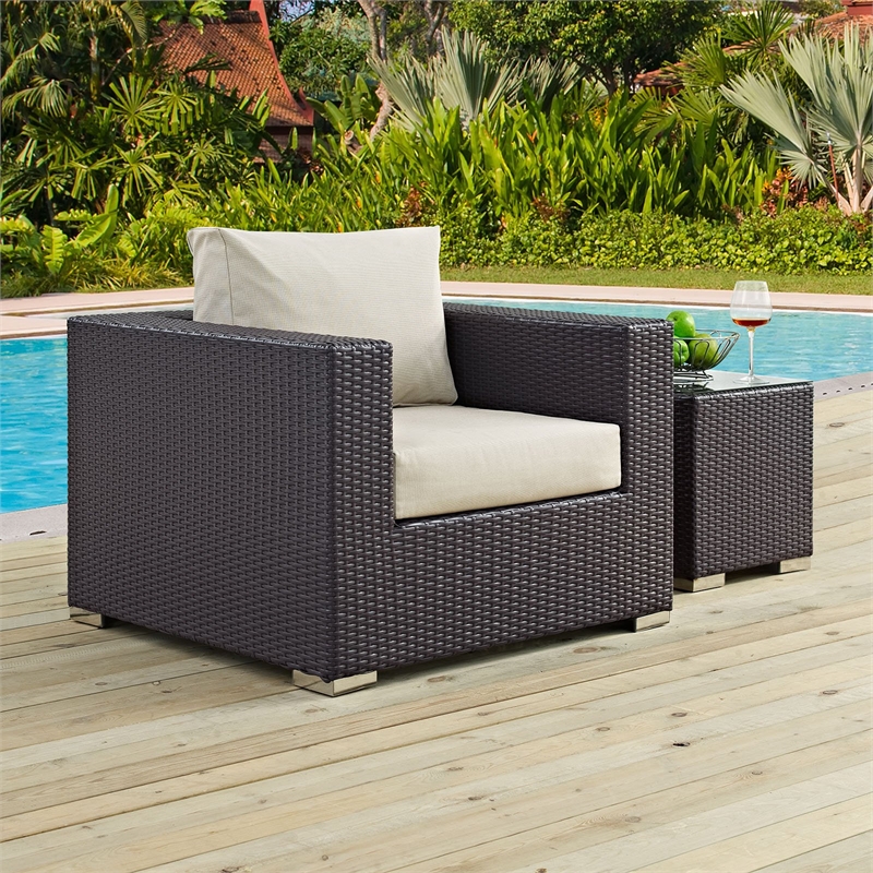Pemberly Row Aluminum and Rattan Patio Armchair in Espresso/Beige