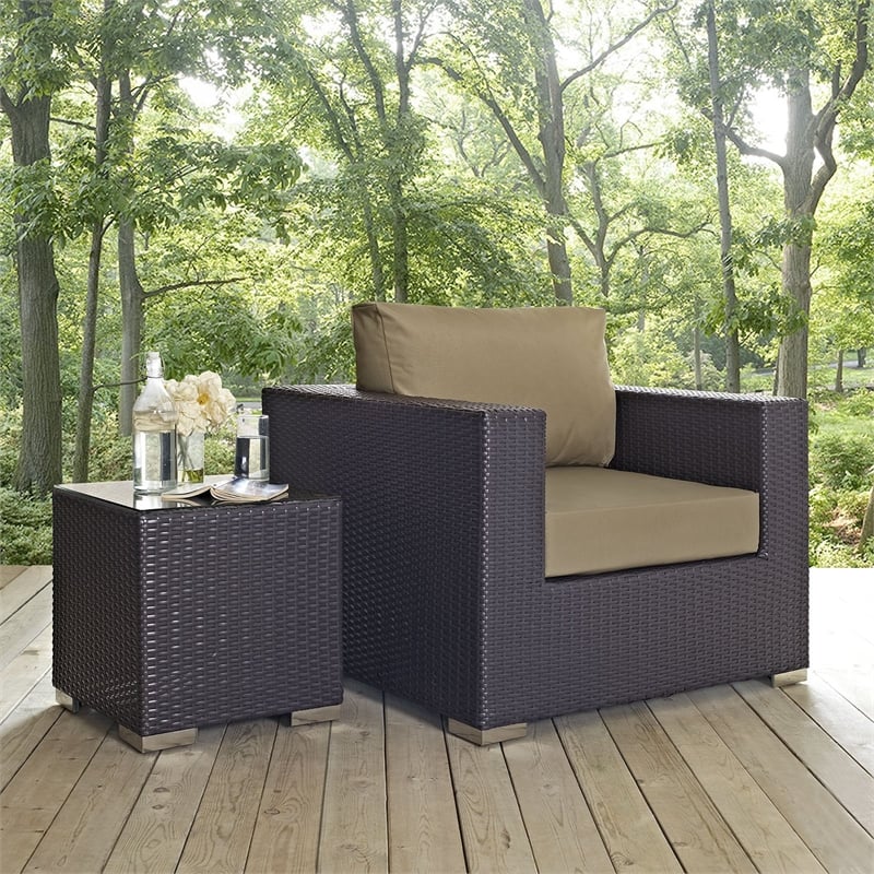 Pemberly Row Aluminum and Rattan Patio Armchair in Espresso/Mocha