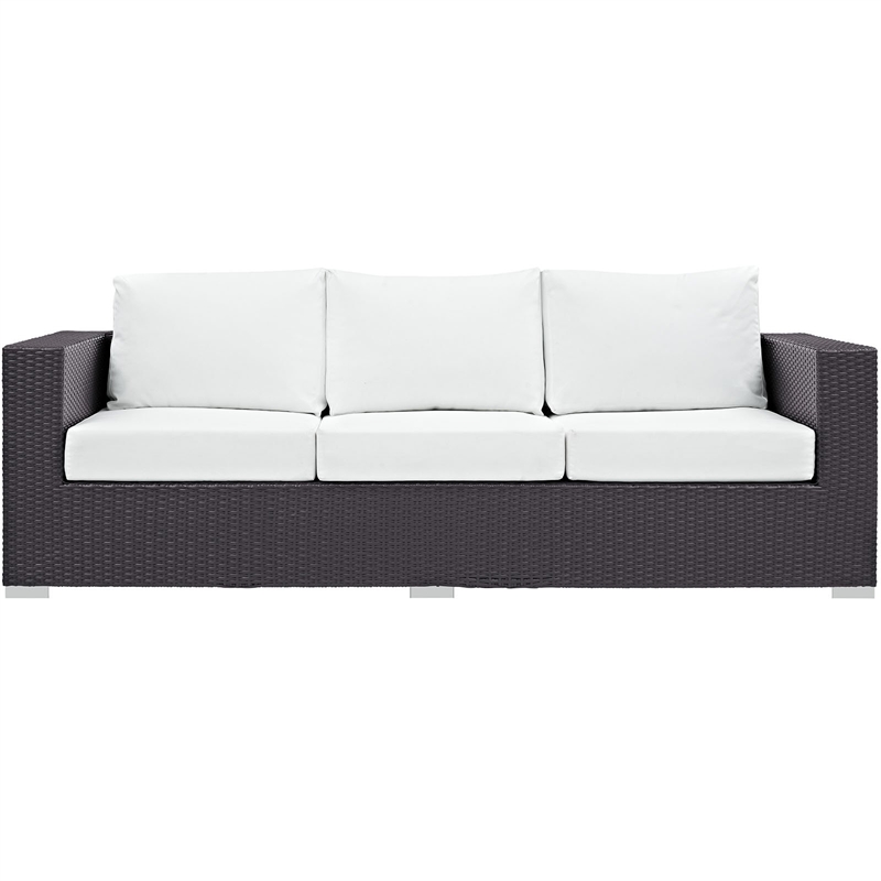 Pemberly Row Aluminum and Rattan Outdoor Patio Sofa in Espresso/White