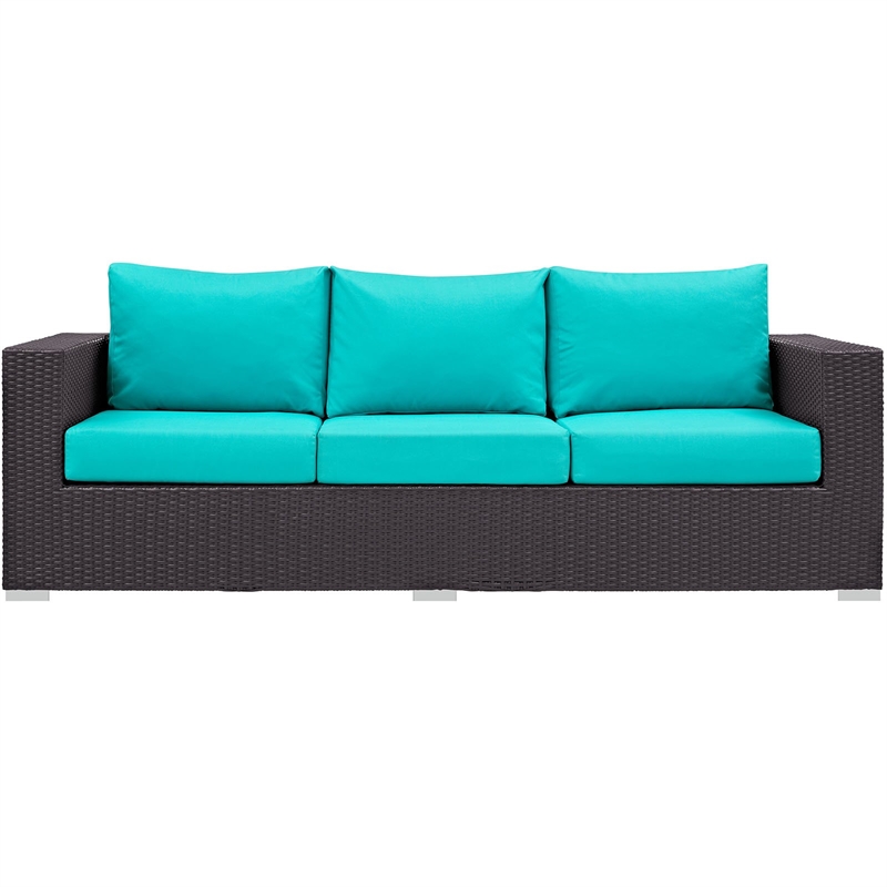 Pemberly Row Aluminum and Rattan Outdoor Patio Sofa in Espresso/Turquoise