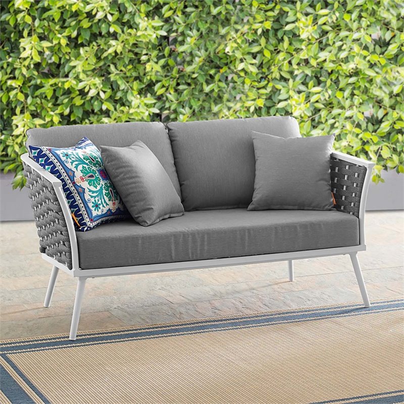 Pemberly Row Aluminum & Fabric Patio Loveseat in White & Gray