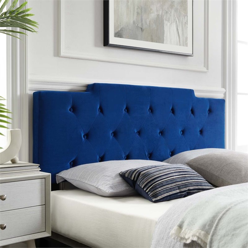 Pemberly Row Tufted King/California King Velvet Headboard in Navy