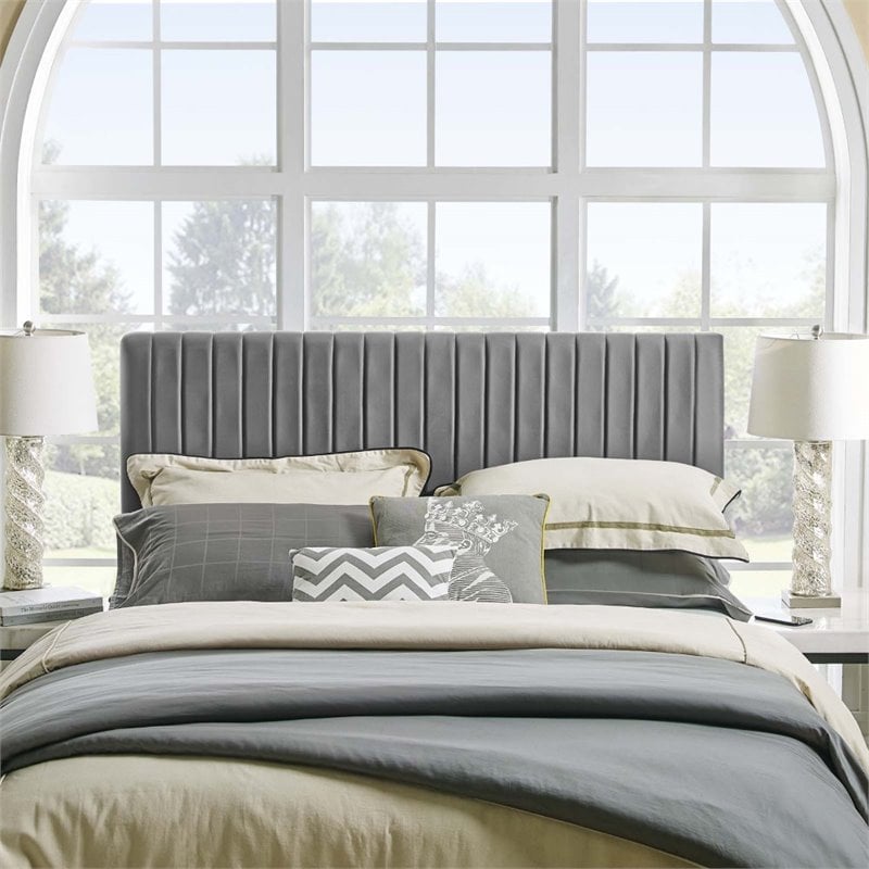 Pemberly Row Full/Queen Solid Wood and Performance Velvet Headboard in Gray
