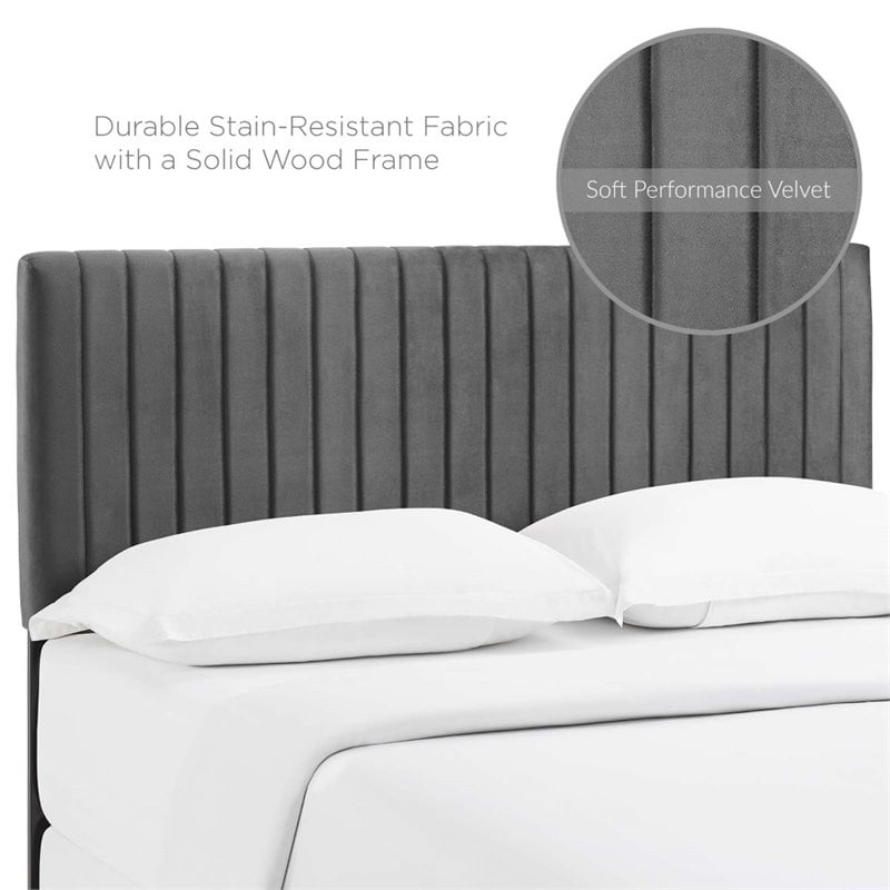 Pemberly Row Full/Queen Solid Wood and Performance Velvet Headboard in Gray