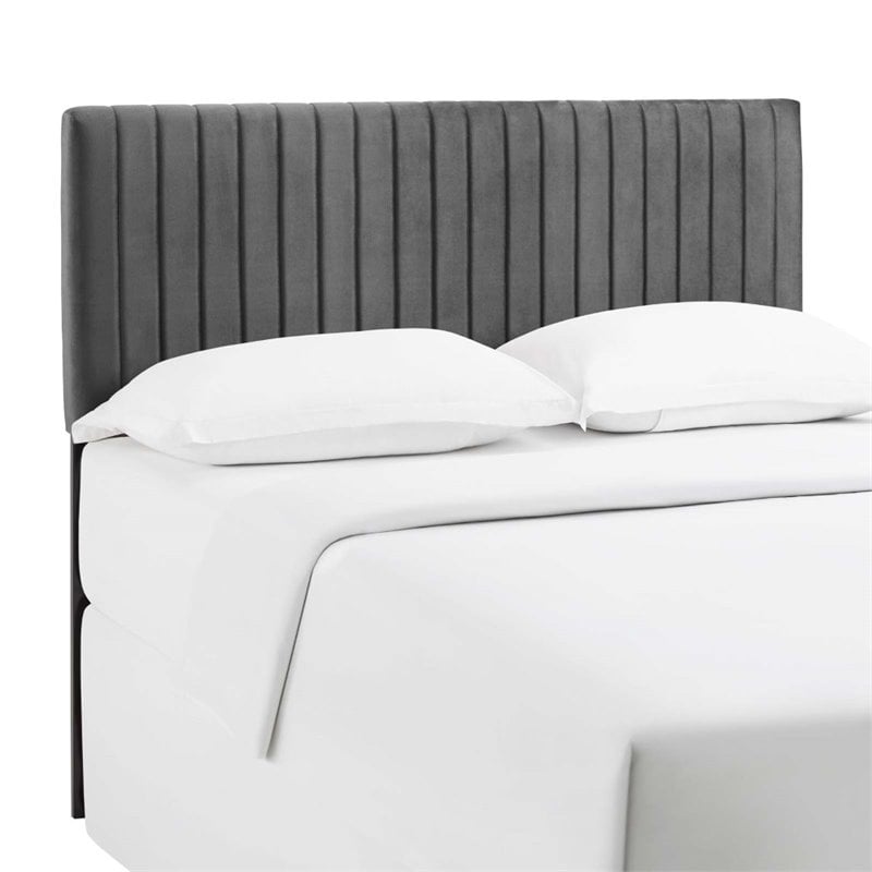 Pemberly Row Full/Queen Solid Wood and Performance Velvet Headboard in Gray