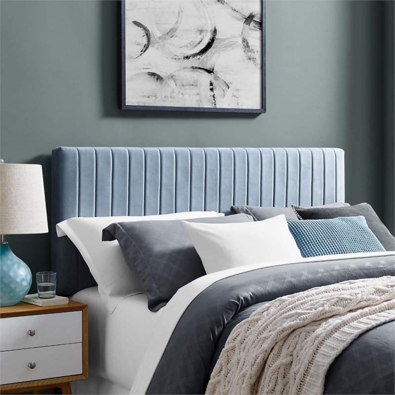 Pemberly Row Full/Queen Solid Wood Performance Velvet Headboard in Light Blue