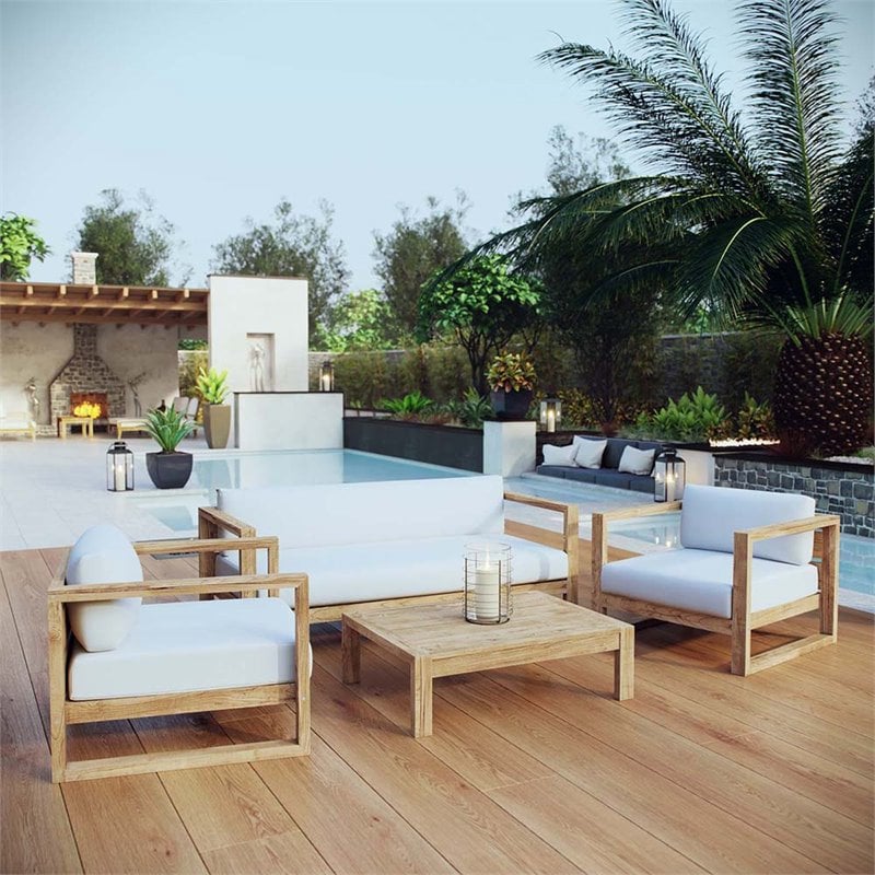 Pemberly Row 4-Piece Wood Patio Sofa Set in Natural and White