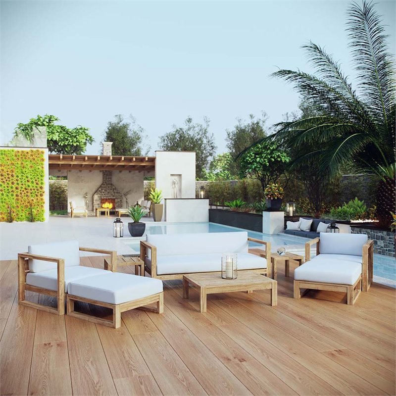 Pemberly Row 8-Piece Wood Patio Sofa Set in Natural and White