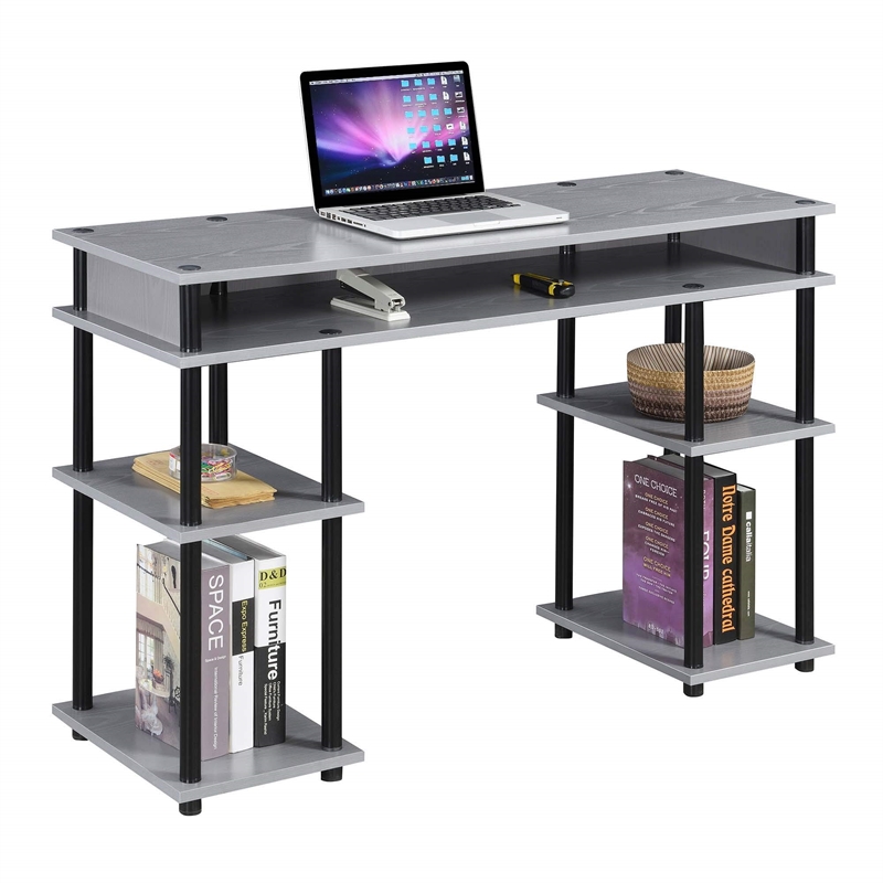 Pemberly Row No-tools Student Desk in Gray Wood Finish and Black Steel Poles