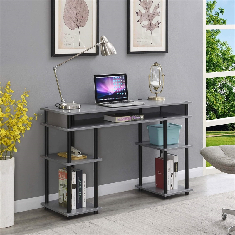 Pemberly Row No-tools Student Desk in Gray Wood Finish and Black Steel Poles