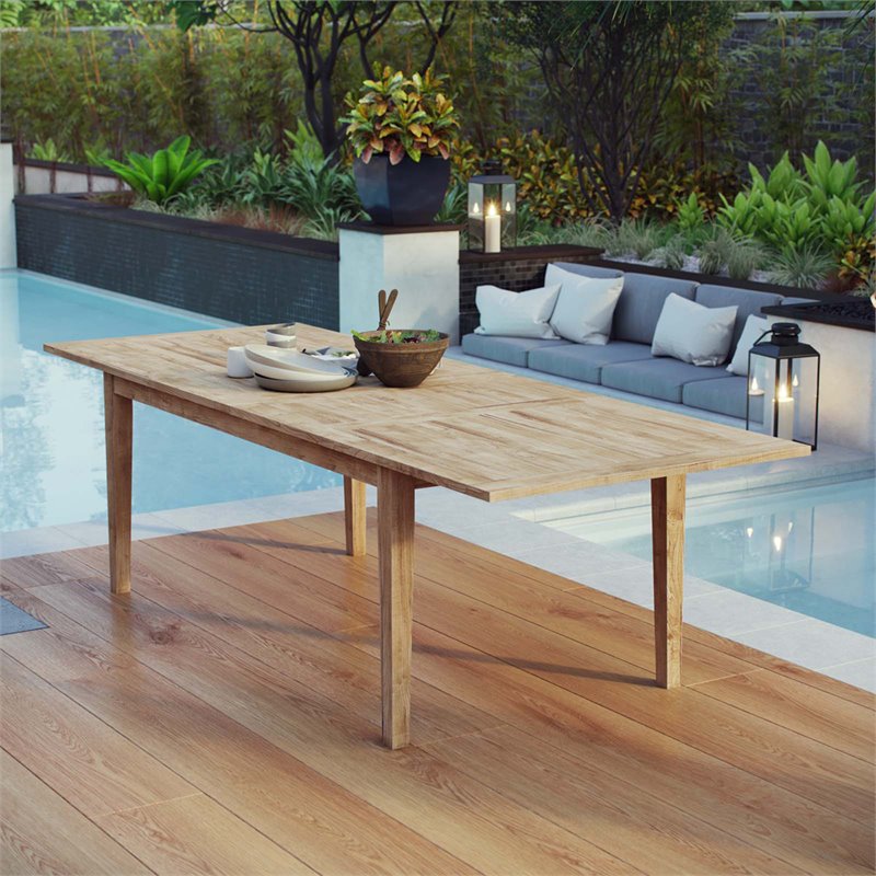 Pemberly Row Extendable Outdoor Patio Solid Teak Wood Dining Table in Natural