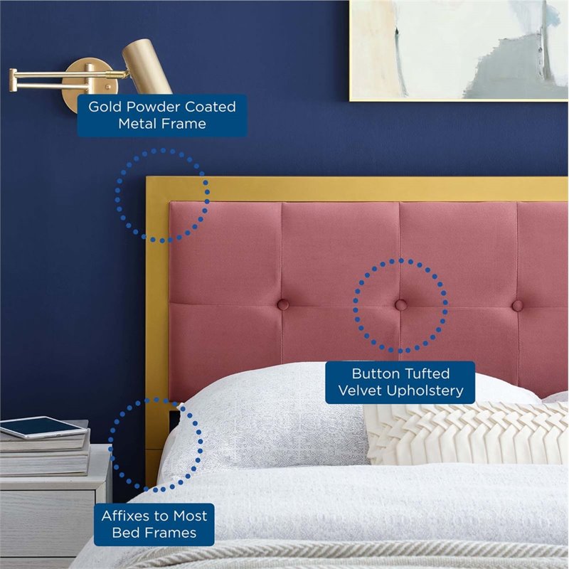 Pemberly Row Tufted King Performance Velvet Headboard in Gold/Dusty Rose