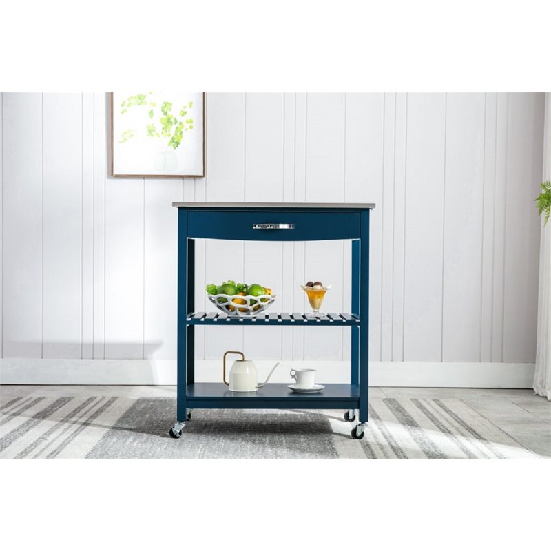 Pemberly Row Wood Kitchen Cart with Stainless Steel Top in Navy Blue