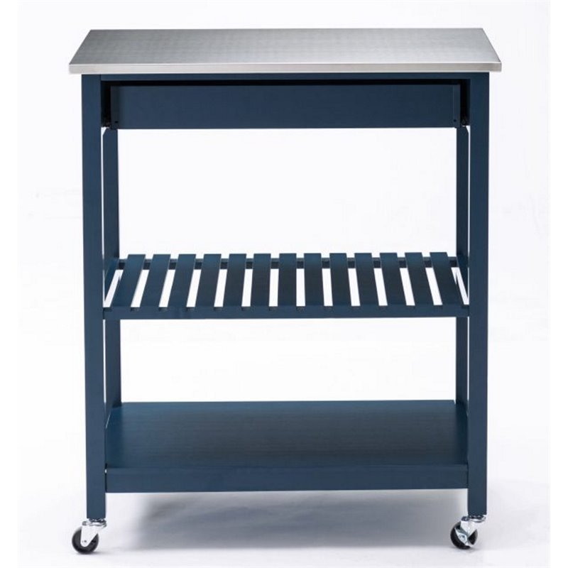 Pemberly Row Wood Kitchen Cart with Stainless Steel Top in Navy Blue