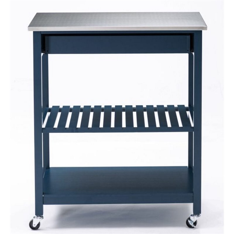 Pemberly Row Wood Kitchen Cart with Stainless Steel Top in Navy Blue