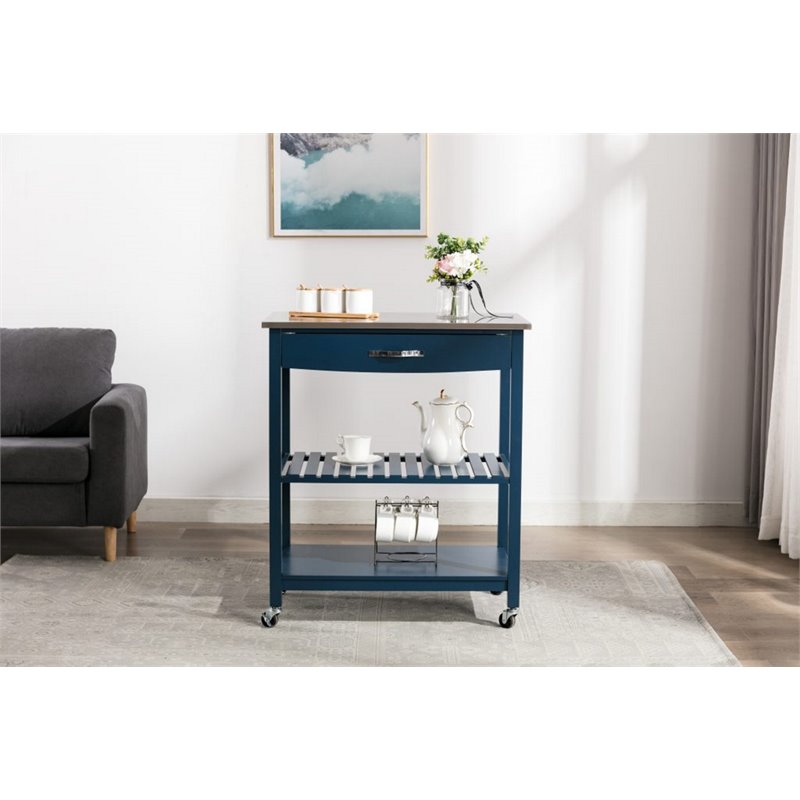 Pemberly Row Wood Kitchen Cart with Stainless Steel Top in Navy Blue