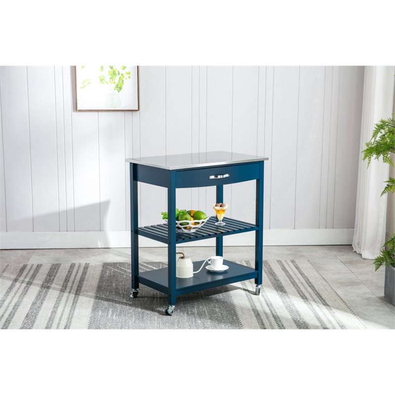 Pemberly Row Wood Kitchen Cart with Stainless Steel Top in Navy Blue